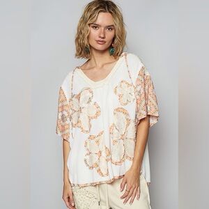 POL NWT Top floral Patch Hoodie Short Sleeve Size Small